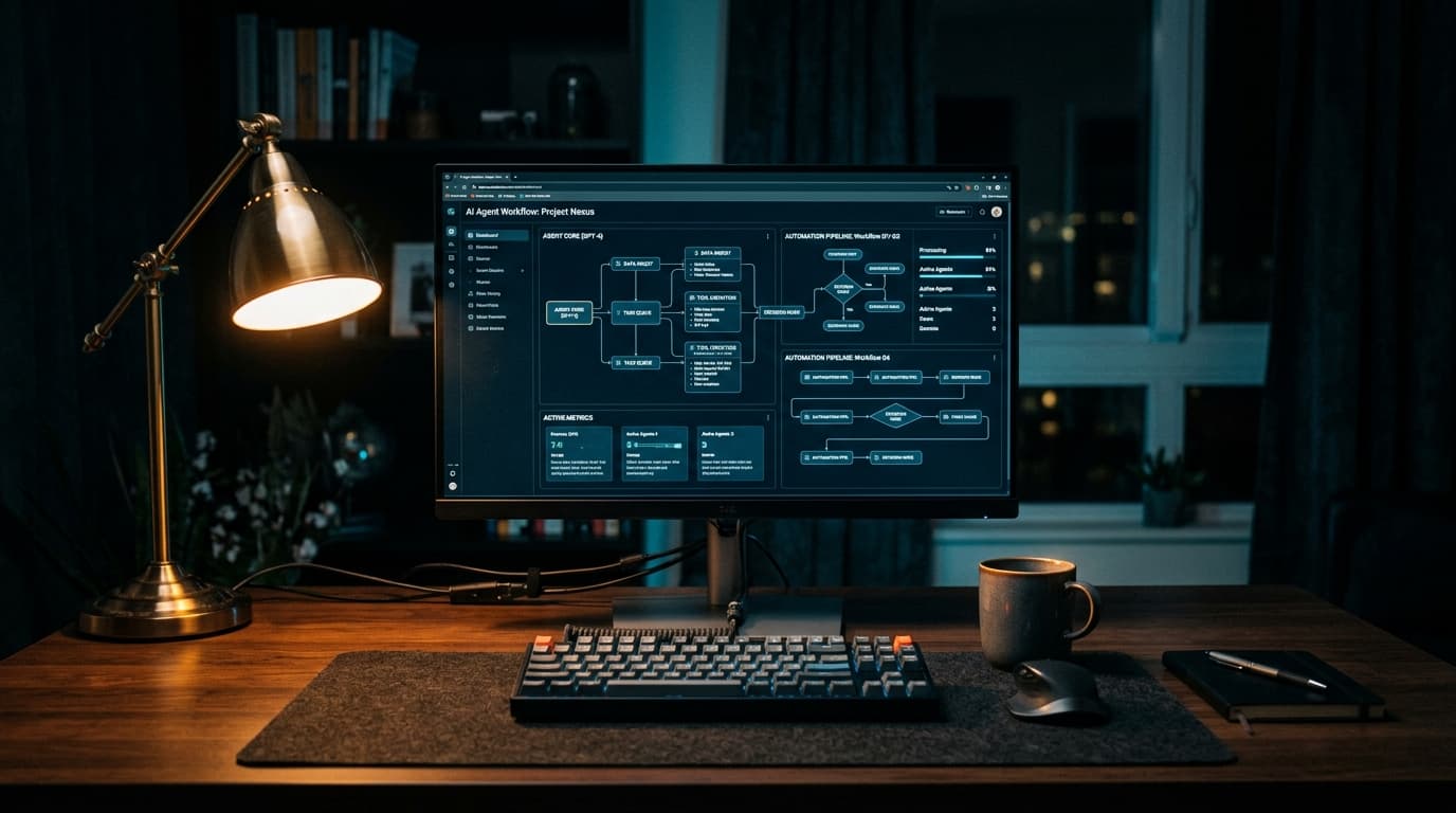 AI systems and services workflow dashboard on a dark home office setup